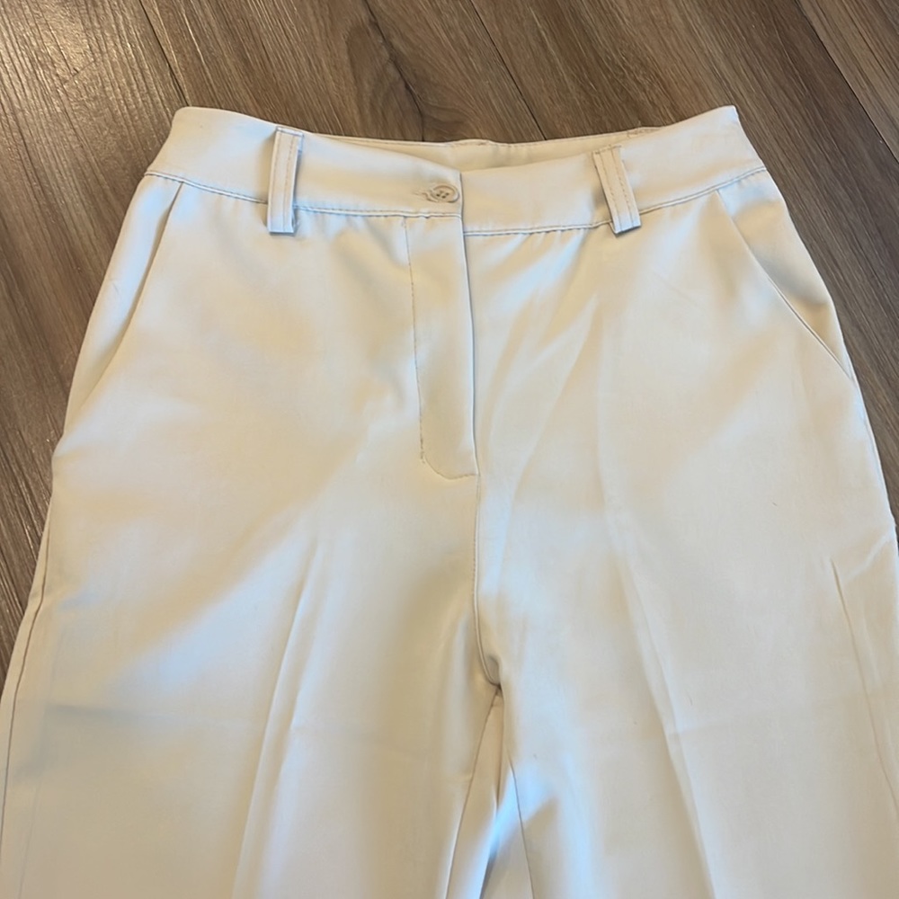 Cream high waisted, silk trousers with slits